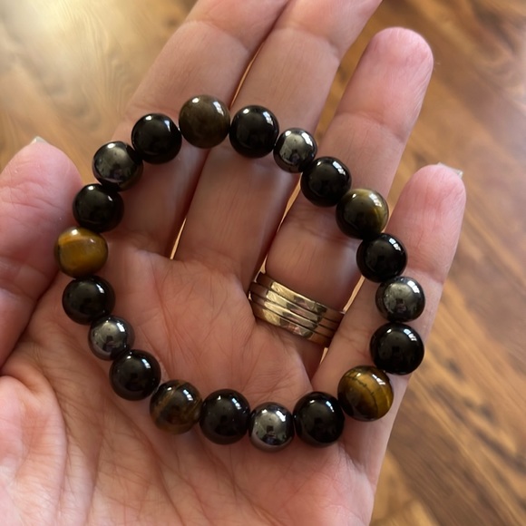 Hematite/Tigers Eye/Black Bead Stretch Bracelet - Picture 1 of 2